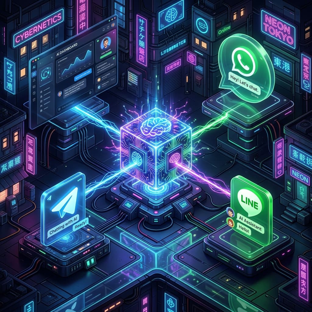 Centralized AI Brain connecting to WhatsApp, Telegram, LINE, and Dashboard