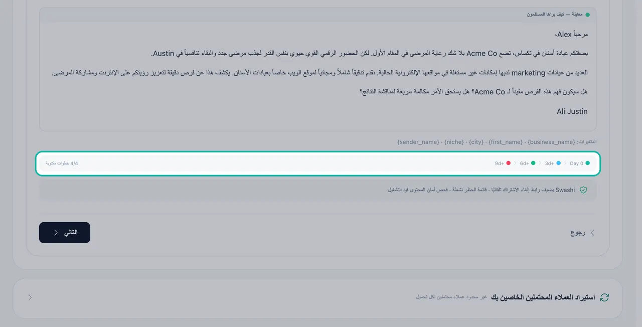 شريط وتيرة الإرسال مظلل أسفل معاينة البريد الإلكتروني ويظهر اليوم 0، +3d، +6d، +9d