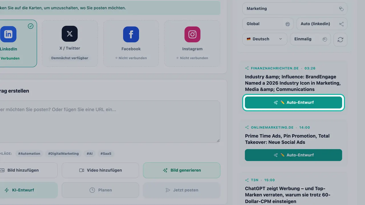 Schaltfläche „Auto-Entwurf“ bei einer aktuellen Marketing-Nachricht im Social Studio hervorgehoben