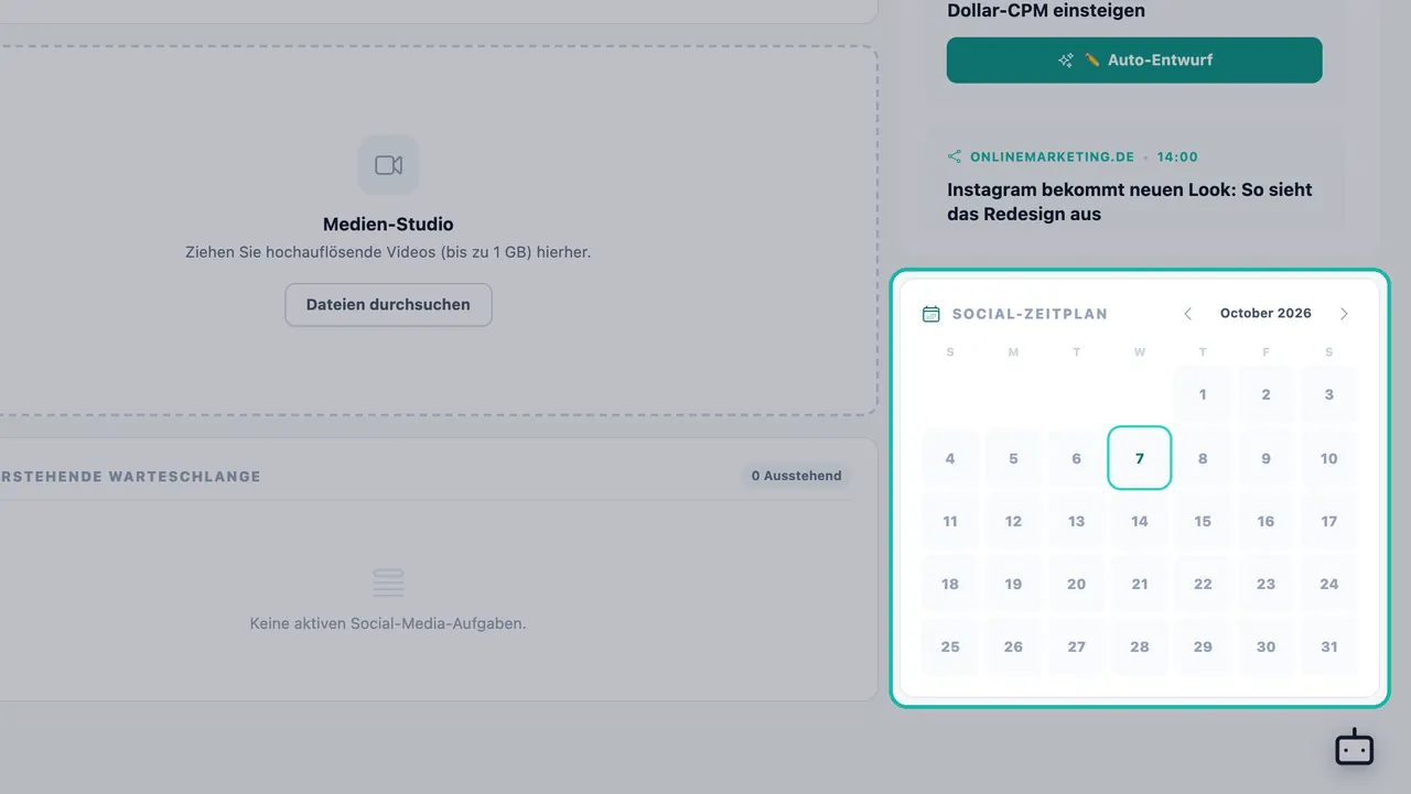 Social-Zeitplan-Kalender für Oktober 2026 im Social Studio hervorgehoben, mit umrandetem heutigem Datum