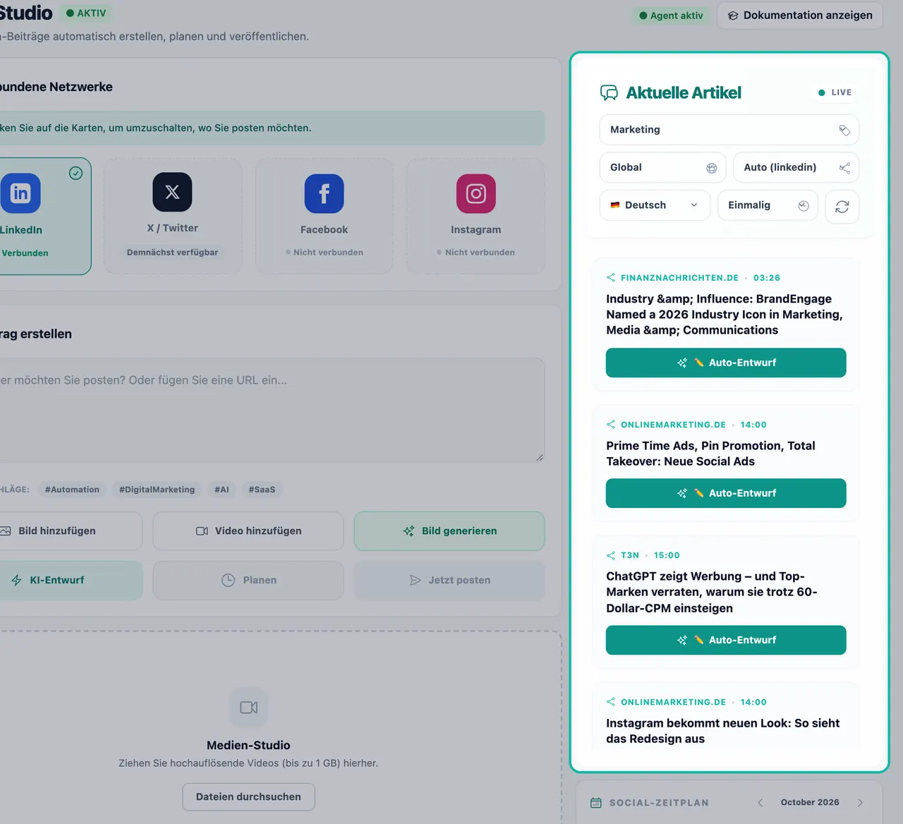 Feed „Aktuelle Artikel“ im Social Studio hervorgehoben, als LIVE markiert, mit Nachrichten und Auto-Entwurf-Schaltflächen
