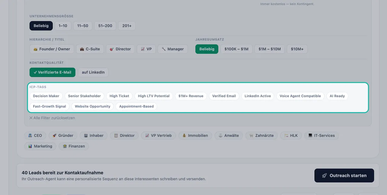 Hervorgehobener Abschnitt „ICP-Tags“ im Filter-Panel mit den Einträgen „Entscheidungsträger“, „Senior-Stakeholder“, „High-Ticket“, „Verifizierte E-Mail“, „Voice-Agent-kompatibel“, „AI Ready“ und mehr