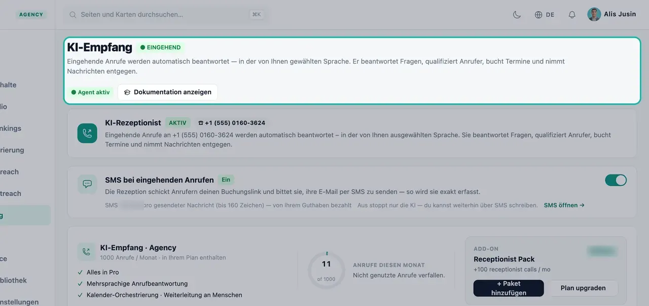 Hervorgehobene Kopfzeile der KI-Rezeptionistin-Seite mit dem EINGEHEND-Badge, Agent aktiv und einer Beschreibung der Funktion der Rezeptionistin