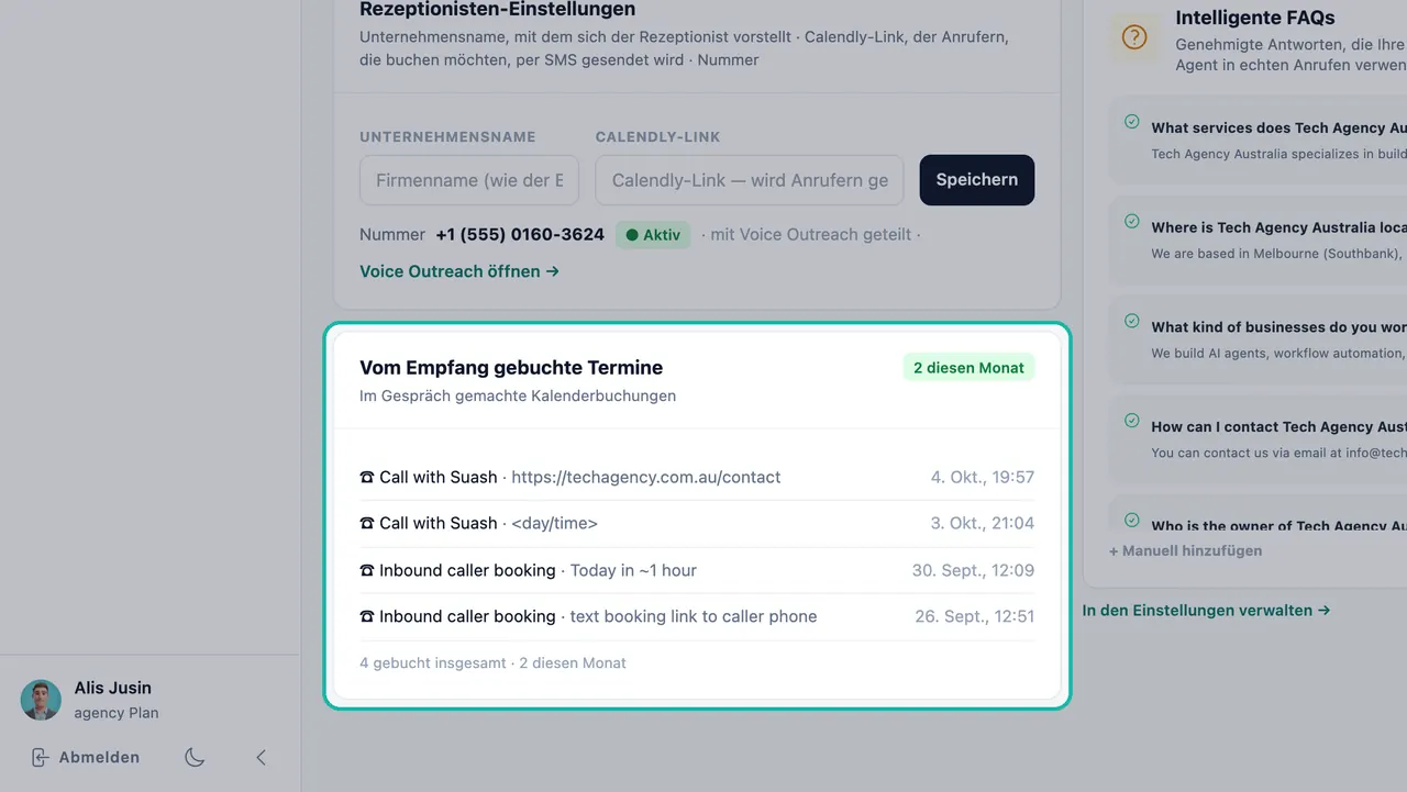 Hervorgehobene Karte „Von der Rezeptionistin gebuchte Termine“ mit vier Buchungen und einem „2 diesen Monat“-Badge