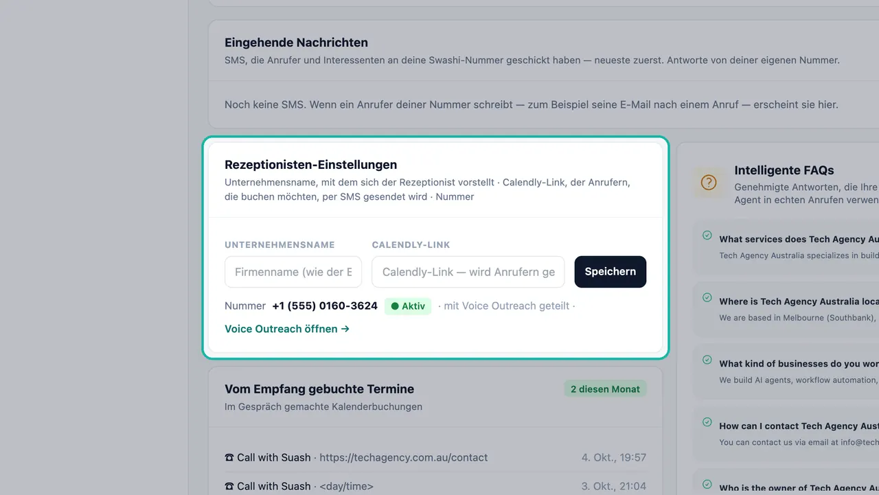 Hervorgehobene Karte der Rezeptionisten-Einstellungen mit den Feldern Firmenname und Calendly-Link, einer Speichern-Schaltfläche und der als aktiv markierten, geteilten 555-Nummer