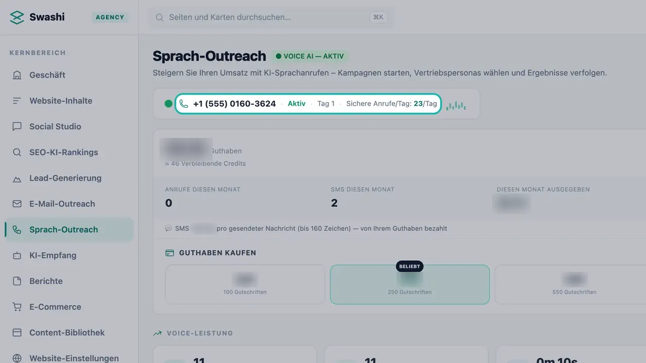 Hervorgehobene Nummernkarte oben im Sprach-Outreach mit einer 555-Nummer, dem Status „Aktiv“, dem Aufwärmtag und sicheren Anrufen pro Tag