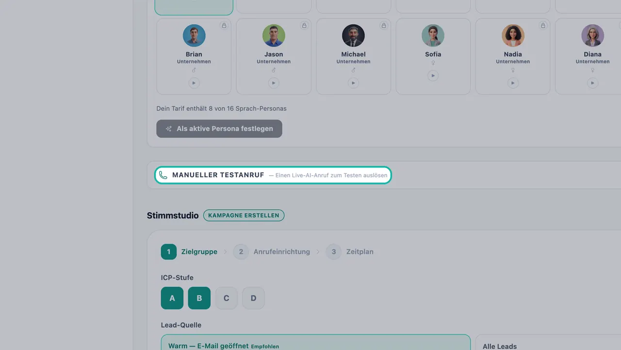 Hervorgehobener Abschnitt „Manueller Testanruf“ im Sprach-Outreach, über dem Stimmstudio