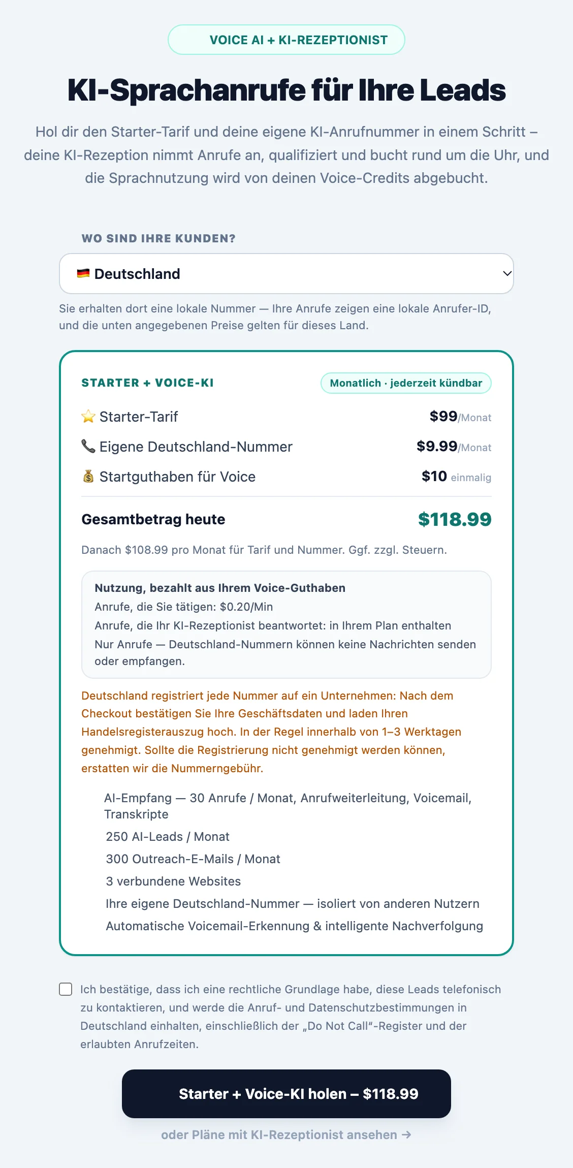 Aktivierungskarte für Sprach-Outreach mit dem Ländermenü „Wo sind Ihre Kunden?“, dem Plan, der dedizierten lokalen Rufnummer, dem Startguthaben, den Anruf- und SMS-Preisen und dem Registrierungshinweis für dieses Land