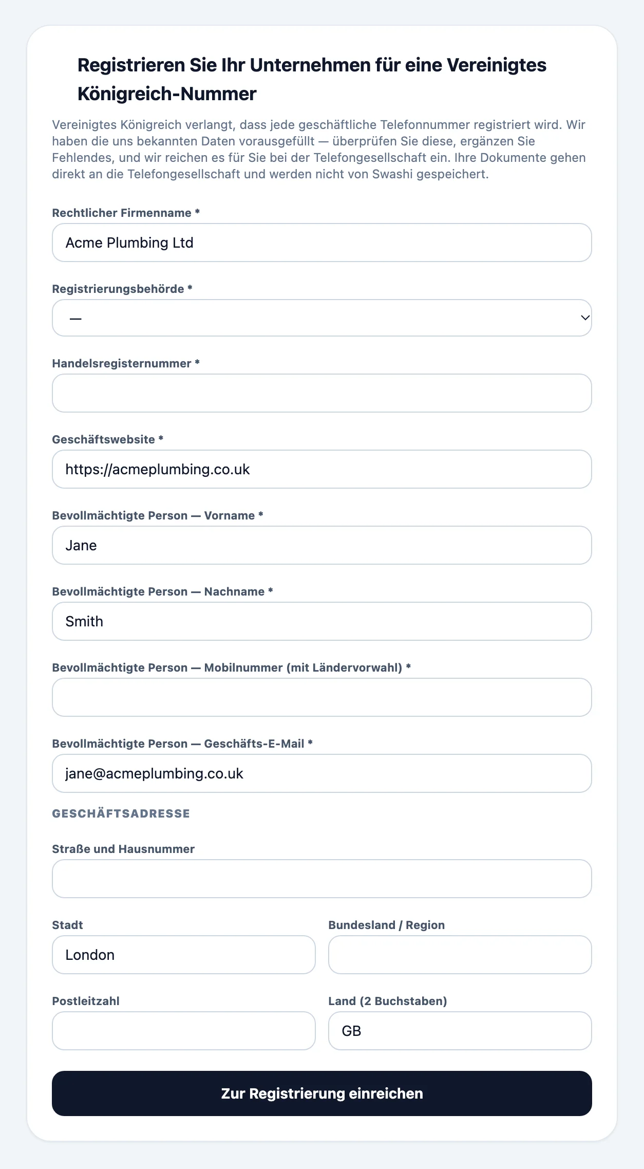 Registrierungsformular für eine lokale Rufnummer, vorausgefüllt aus dem Geschäftsprofil, mit dem offiziellen Firmennamen, Registrierungsdaten, dem Bevollmächtigten und der Geschäftsadresse