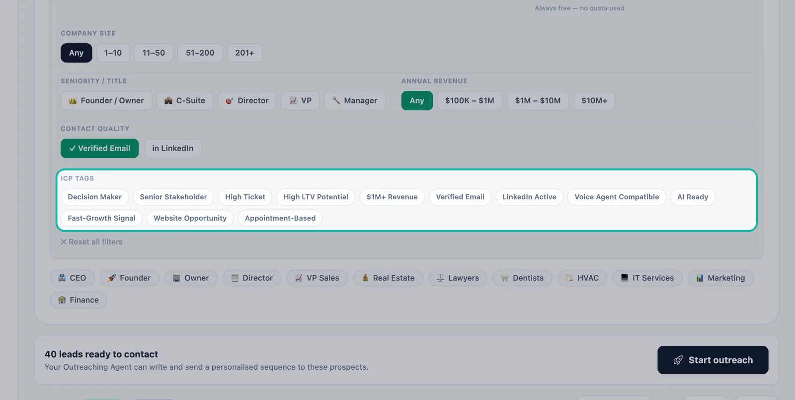 ICP Tags section of the Filters panel highlighted, listing Decision Maker, Senior Stakeholder, High Ticket, Verified Email, Voice Agent Compatible, AI Ready and more