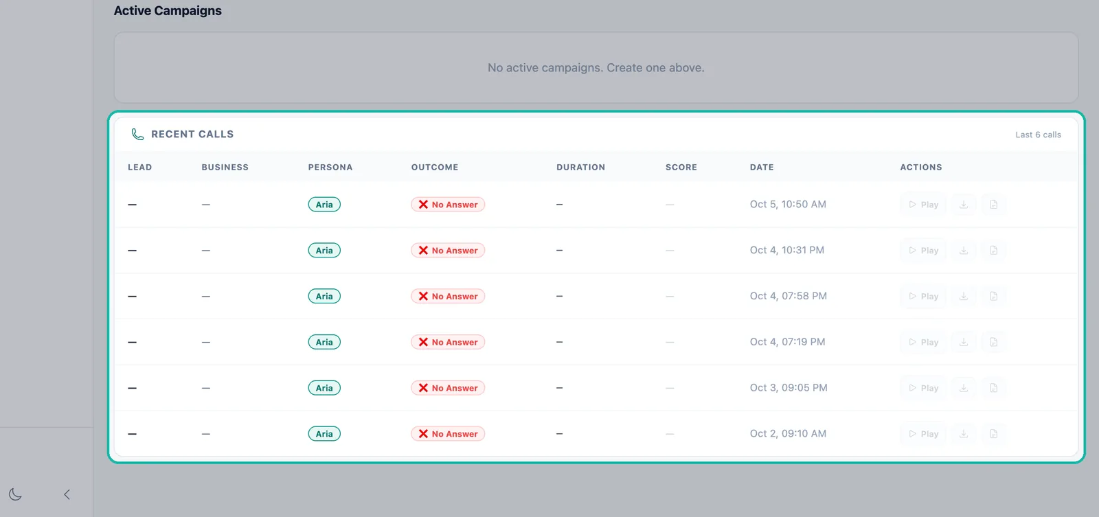 Recent Calls table highlighted with lead, business, persona, outcome, duration, score, date and actions columns
