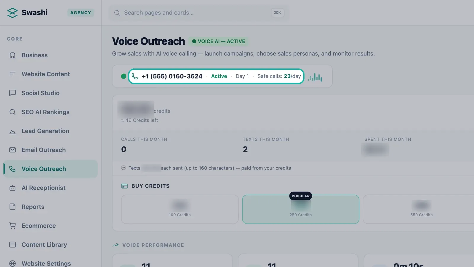 Number card highlighted at the top of Voice Outreach with a 555 number, Active status, the warm-up day and Safe calls per day