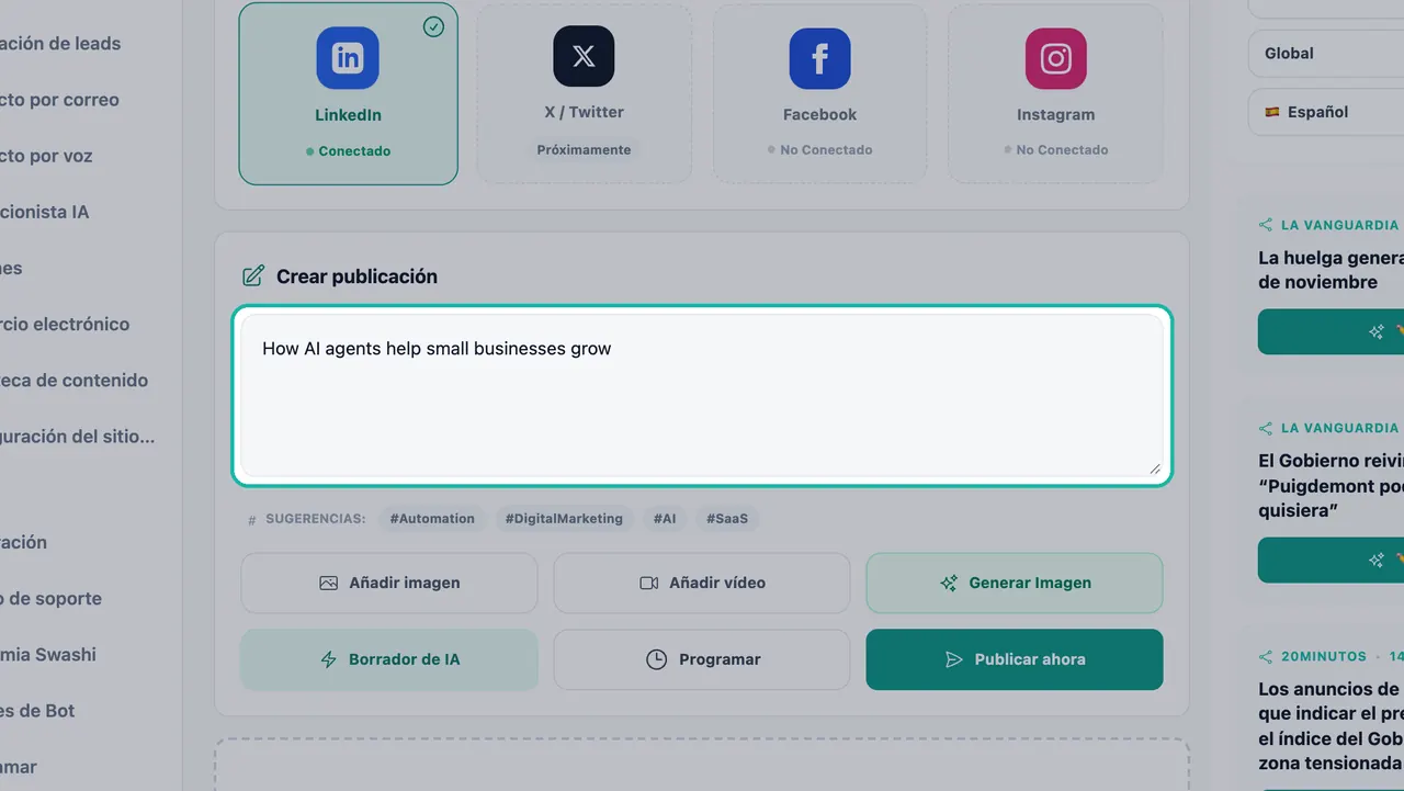 Cuadro de texto Crear Publicación en el Estudio Social resaltado, con el tema Cómo los agentes de IA ayudan a crecer a las pymes