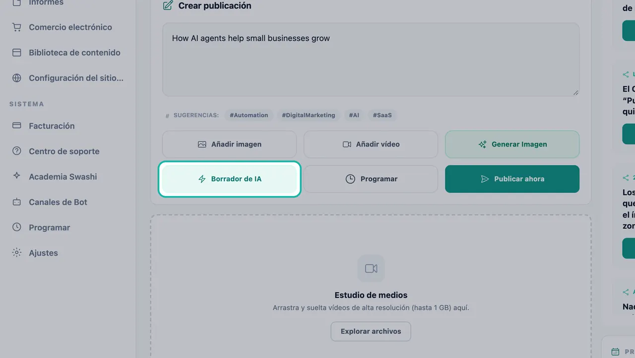 Botón Borrador de IA resaltado debajo del texto de la publicación y las sugerencias de hashtags en el Estudio Social