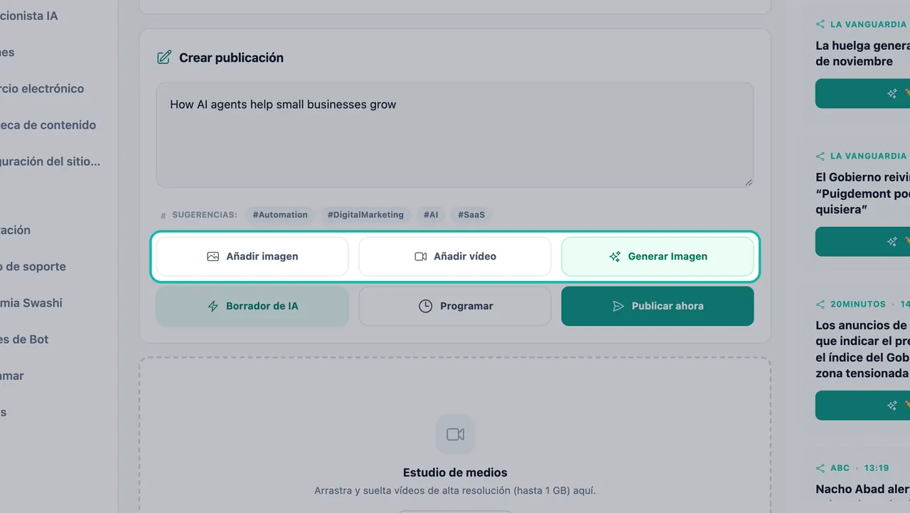 Botones Añadir imagen, Añadir vídeo y Generar Imagen resaltados debajo del cuadro Crear Publicación