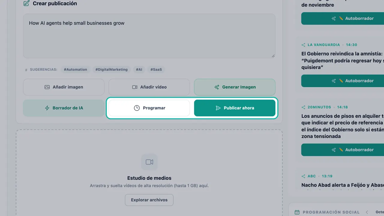 Botones Programar y Publicar Ahora resaltados en la parte inferior del panel Crear Publicación