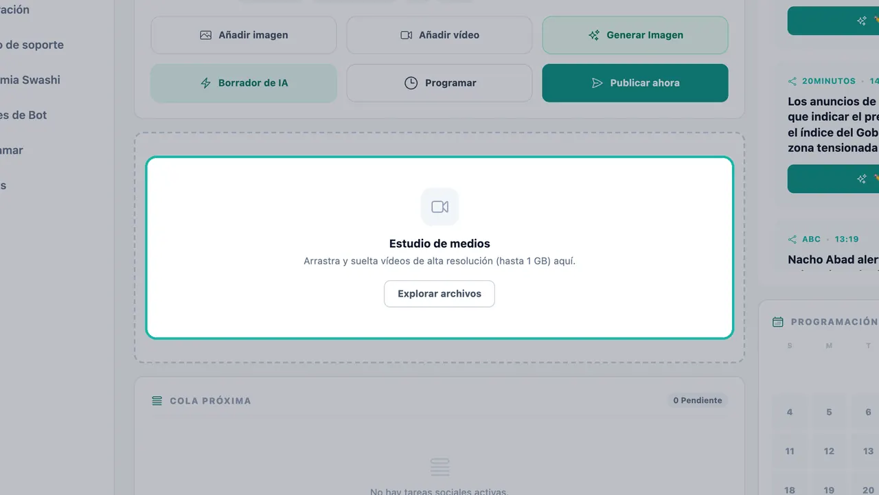Zona para arrastrar y soltar del Estudio de medios resaltada con el texto Arrastra y suelta videos de alta resolución de hasta 1 GB y un botón Explorar archivos
