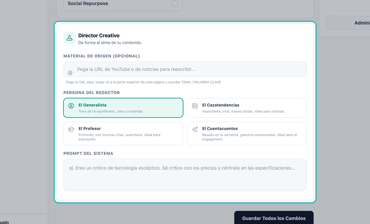 Panel del Director creativo resaltado con Material de origen, cuatro tarjetas de Persona del Redactor y el cuadro del Prompt del Sistema
