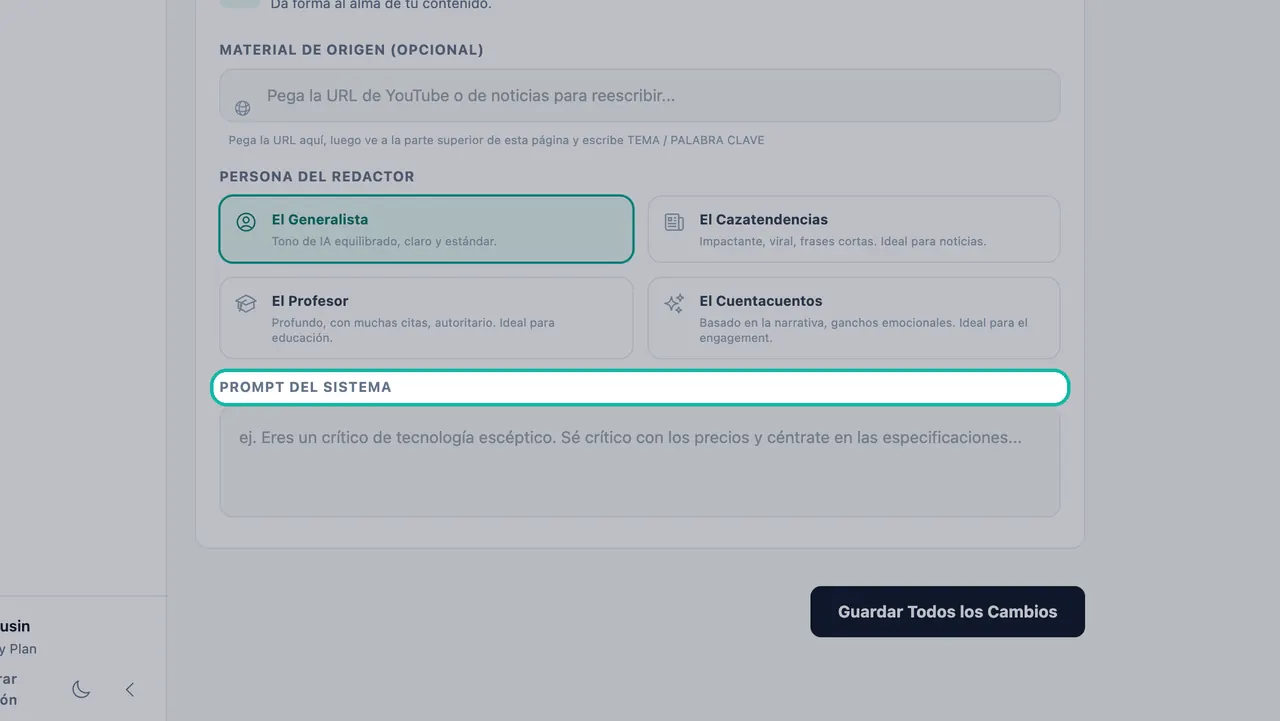 Etiqueta de Prompt del Sistema resaltada sobre el cuadro de instrucciones con un ejemplo sobre un crítico de tecnología escéptico