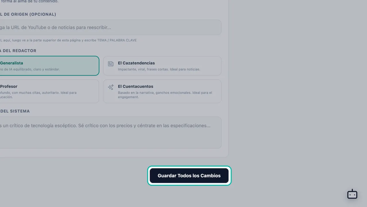 Botón Guardar Todos los Cambios resaltado debajo del panel del Director creativo