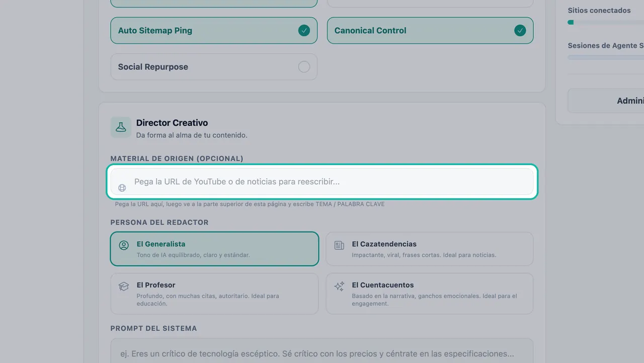 Campo de Material de origen resaltado con el texto de ejemplo Pega la URL de YouTube o de noticias para reescribir