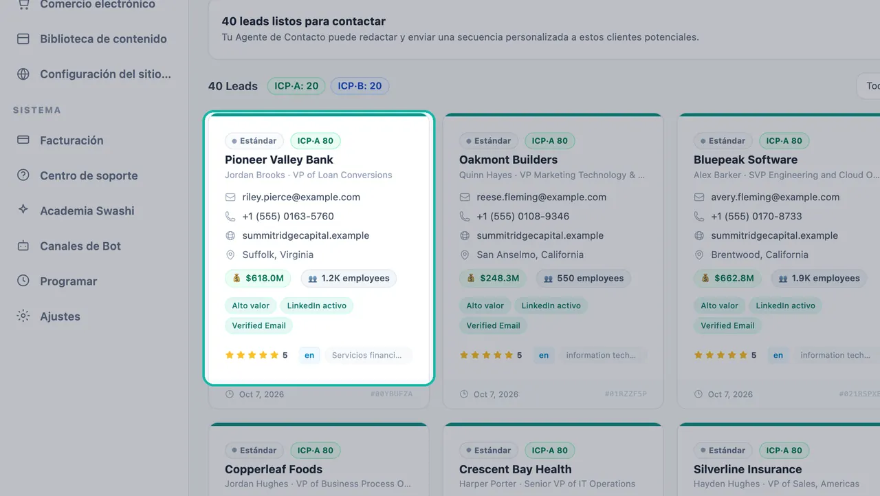 Ficha de lead resaltada que muestra una insignia ICP-A 80, un tomador de decisiones, un correo de ejemplo.com con una marca verde, un número de teléfono 555, sitio web, ingresos, tamaño del equipo y etiquetas