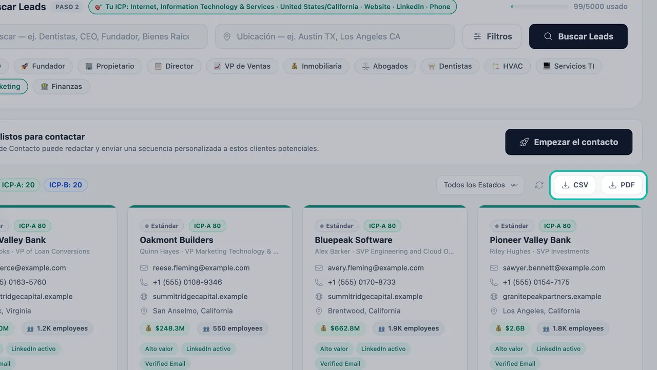 Botones de exportación a CSV y PDF resaltados sobre las fichas de los leads en Generación de leads
