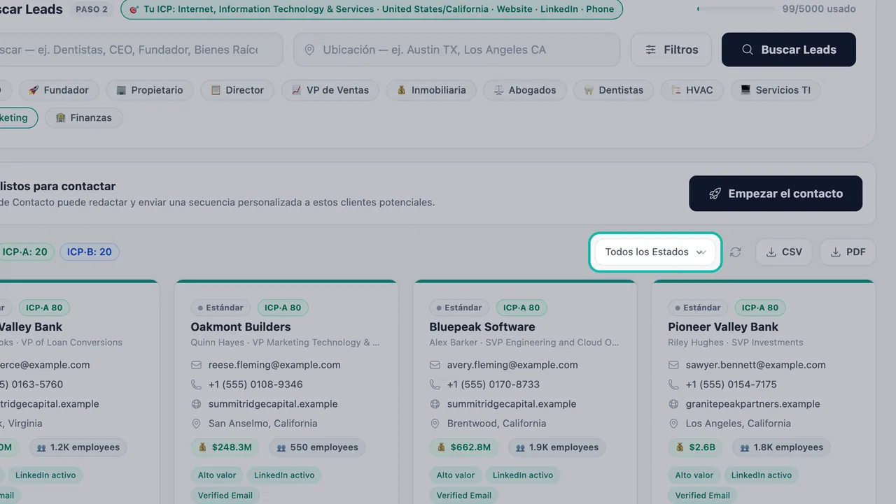 Menú Todos los Estados resaltado sobre las fichas de los leads en Generación de leads