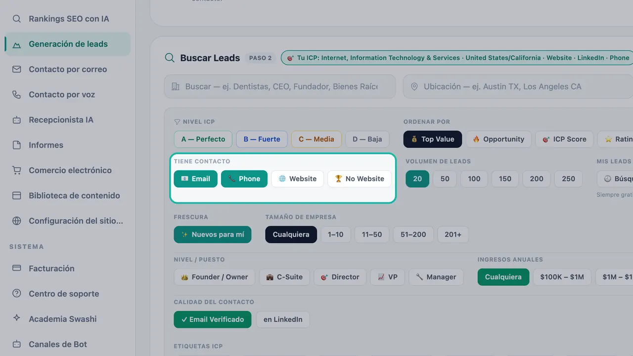 Filtro Tiene contacto resaltado con Email y Teléfono activados