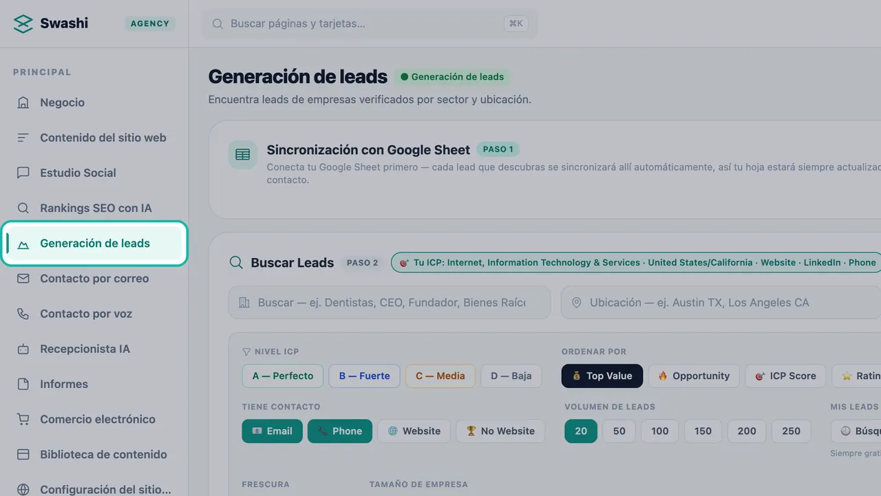 Generación de leads resaltado en la barra lateral de Swashi, con los paneles de Sincronización con Google Sheet y Buscar Leads en la página