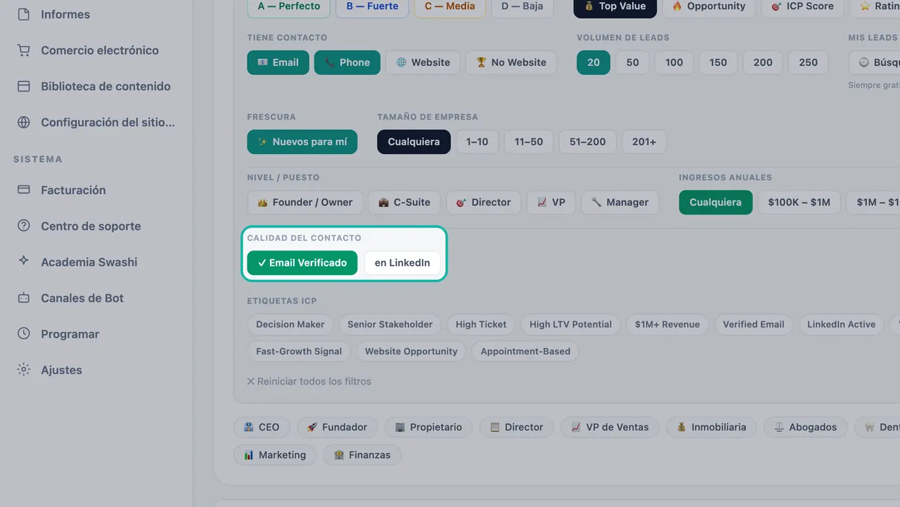 Filtro de Calidad del Contacto resaltado en Generación de leads con Email Verificado activado junto a en LinkedIn