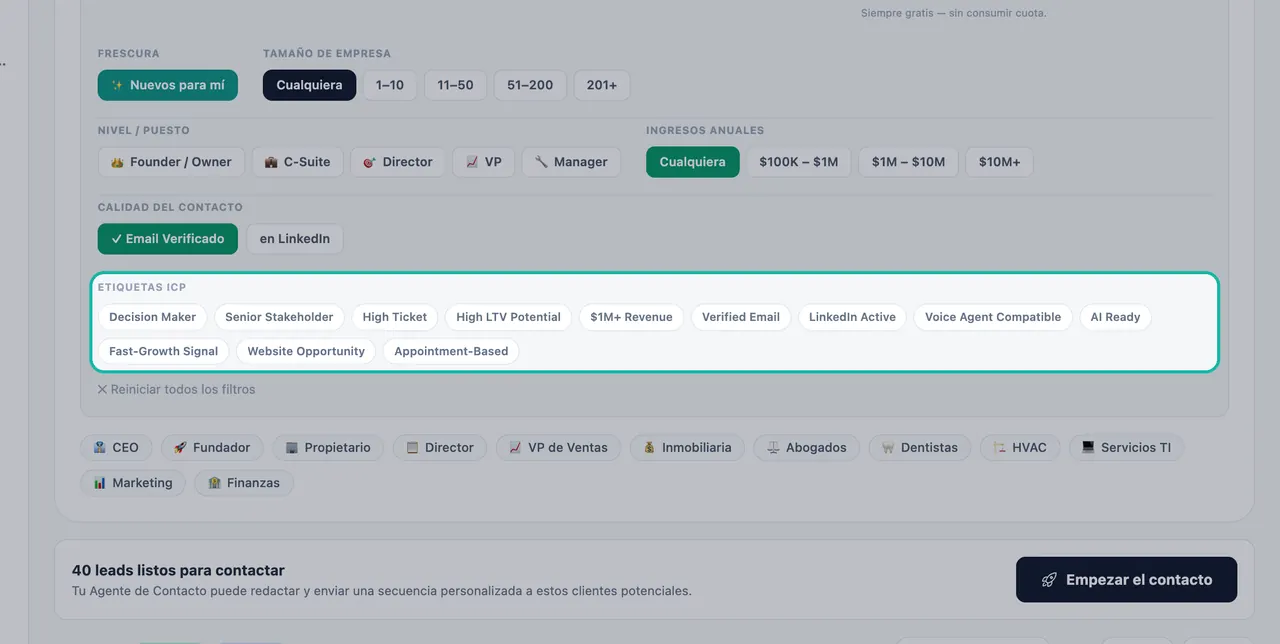 Sección de Etiquetas ICP del panel de Filtros resaltada, con Tomador de Decisiones, Interesado Principal, Alto Valor, Email Verificado, Compatible con Agente de Voz, Listo para AI y más
