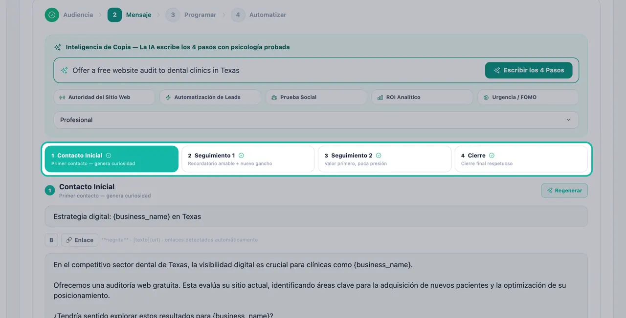 Pestañas de los pasos de la secuencia destacadas en Estudio de Email: Contacto Inicial, Seguimiento 1, Seguimiento 2 y Cierre