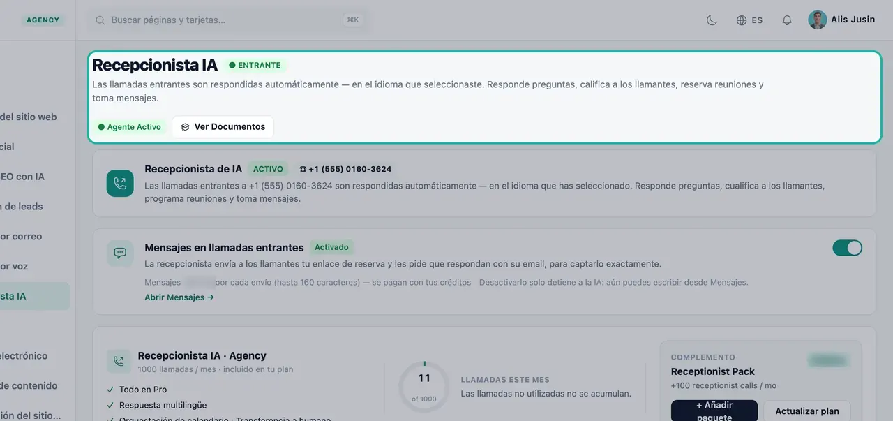Encabezado de la página de la Recepcionista de IA destacado con la insignia ENTRANTE, Agente Activo y una descripción de lo que hace la recepcionista