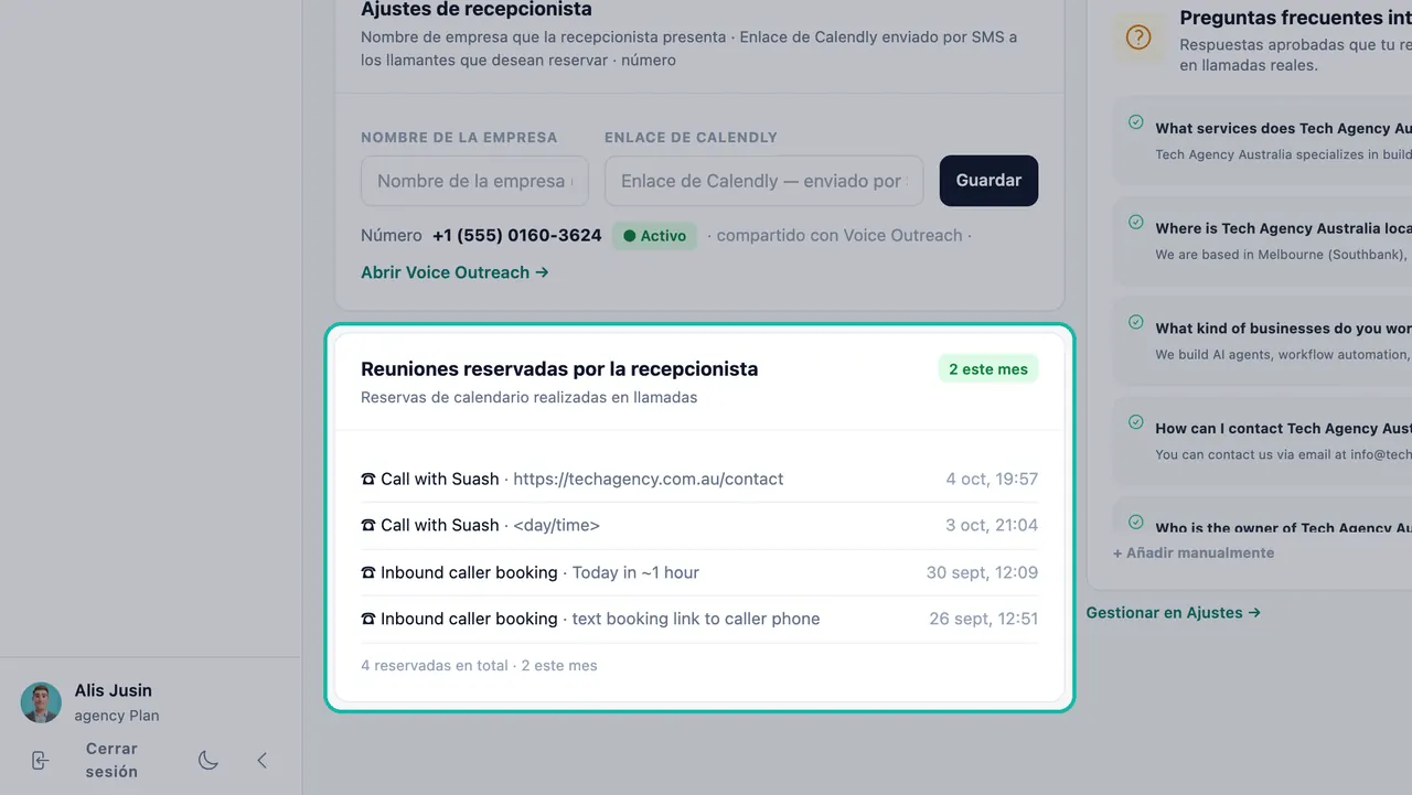 Tarjeta Reuniones reservadas por la recepcionista destacada con cuatro reservas y una insignia de 2 este mes