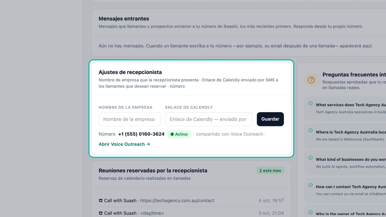 Tarjeta de Ajustes de recepcionista destacada con los campos Nombre de la empresa y Enlace de Calendly, un botón Guardar y el número 555 compartido marcado como Activo