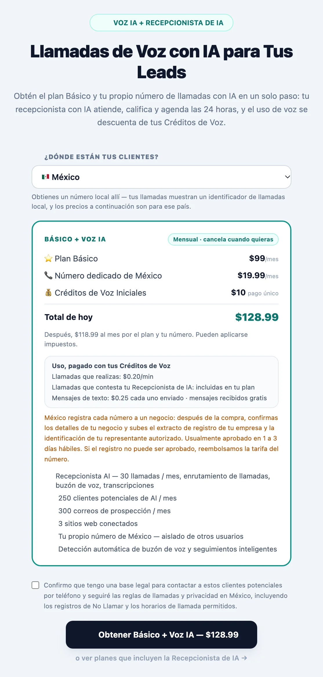 Tarjeta de activación de Contacto por voz con el menú de país ¿Dónde están tus clientes?, el plan, el número local exclusivo, los créditos iniciales, las tarifas de llamadas y SMS y la nota de registro para ese país