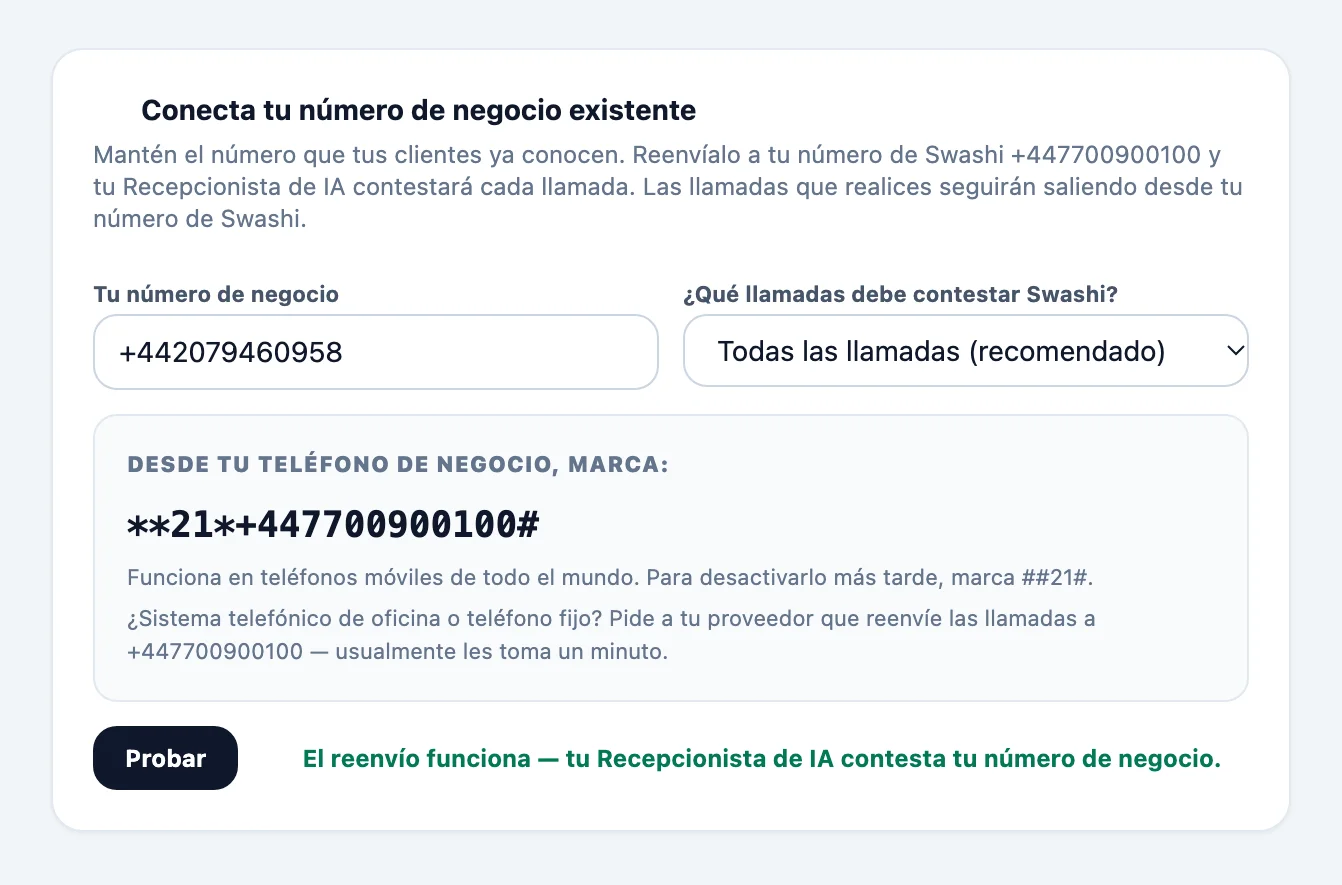 Tarjeta «Conecta tu número de negocio existente» en Contacto por voz con el número de negocio, el menú «¿Qué llamadas debe contestar Swashi?», el código de marcación para copiar y el botón Probar