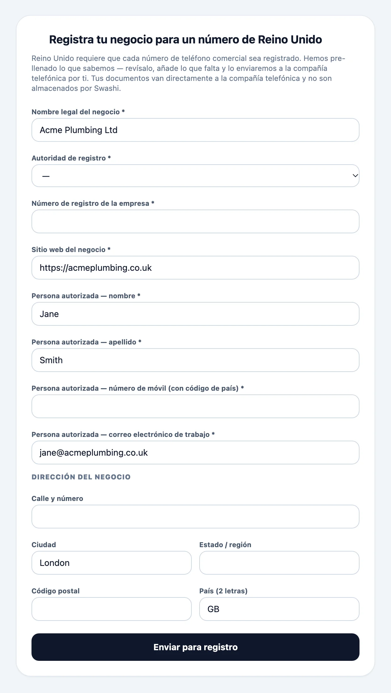 Formulario de registro de empresa para un número local, rellenado automáticamente desde el perfil de Negocio, con la razón social, los datos de registro, la persona autorizada y la dirección de la empresa