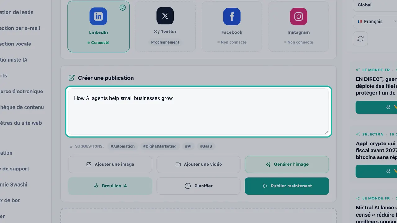 Zone de texte Créer une publication dans le Studio social mise en évidence, contenant le sujet Comment les agents IA aident les PME à se développer