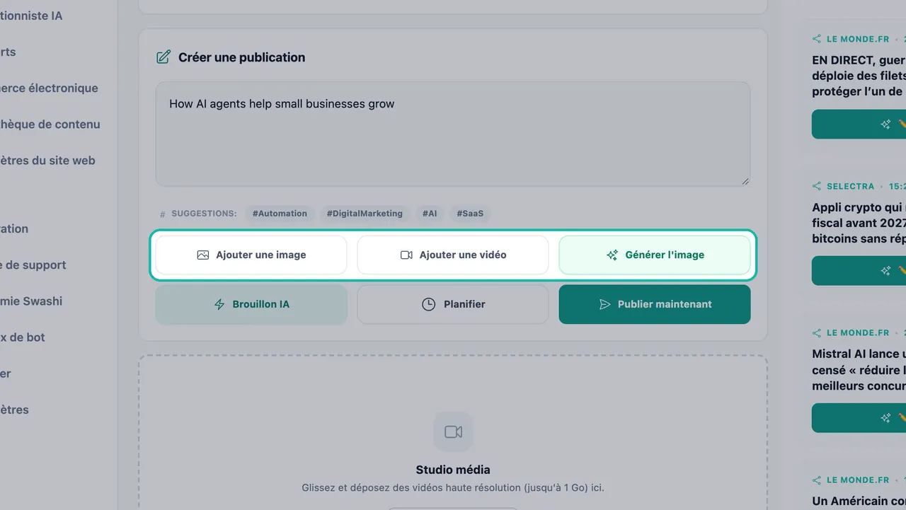Boutons Ajouter une image, Ajouter une vidéo et Générer l'image mis en évidence sous la zone Créer une publication
