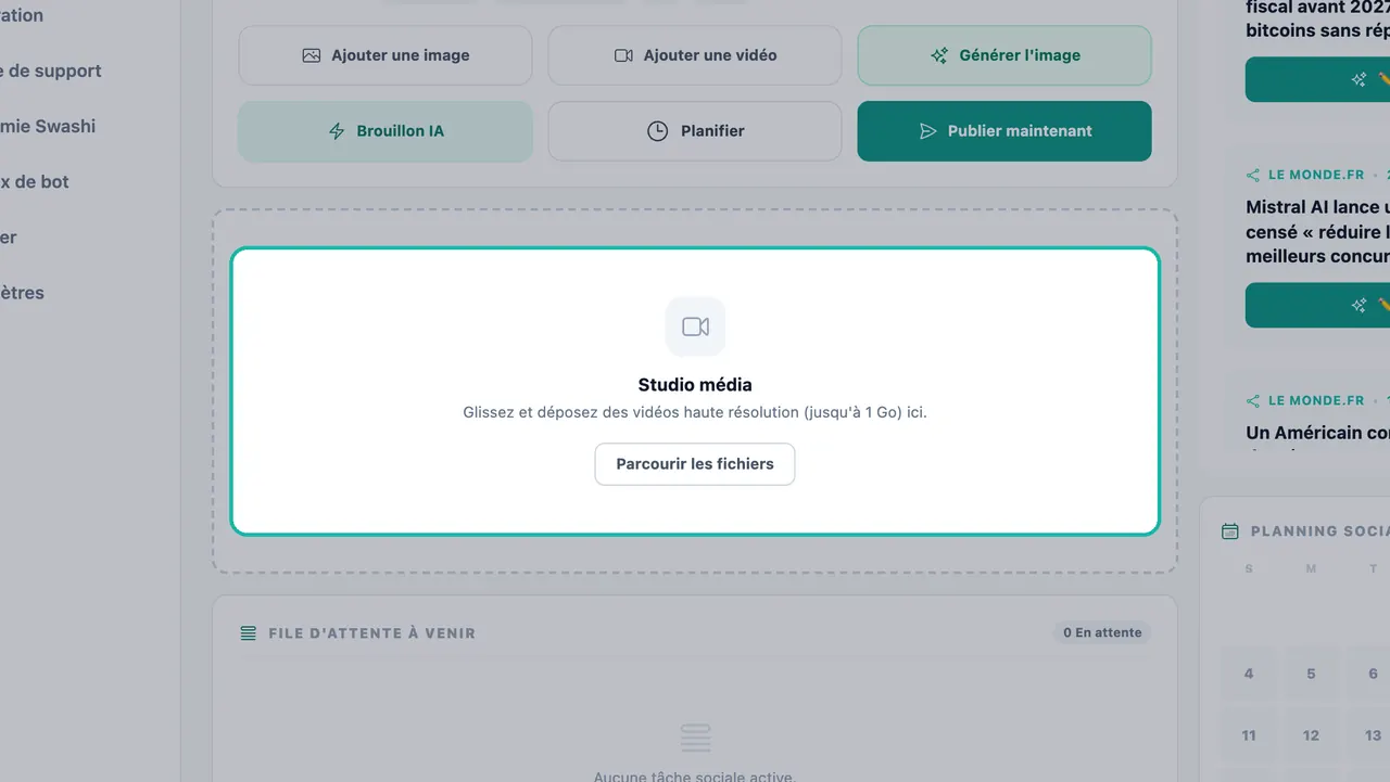 Zone de dépôt du Studio média mise en évidence avec le texte Glissez-déposez des vidéos haute résolution jusqu'à 1 Go et un bouton Parcourir les fichiers