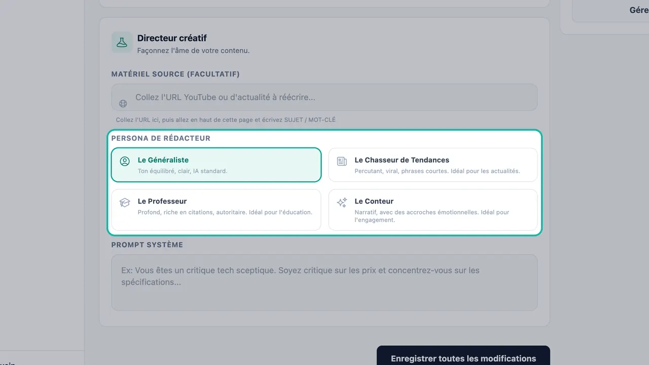 Options de Persona de Rédacteur en surbrillance : Le Généraliste sélectionné, plus Le Chasseur de Tendances, Le Professeur et Le Conteur