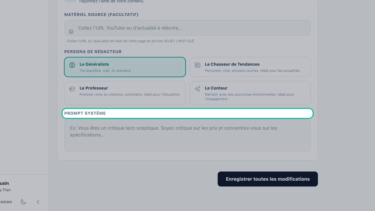 Étiquette Prompt Système en surbrillance au-dessus du champ d'instructions avec un exemple sur un critique tech sceptique