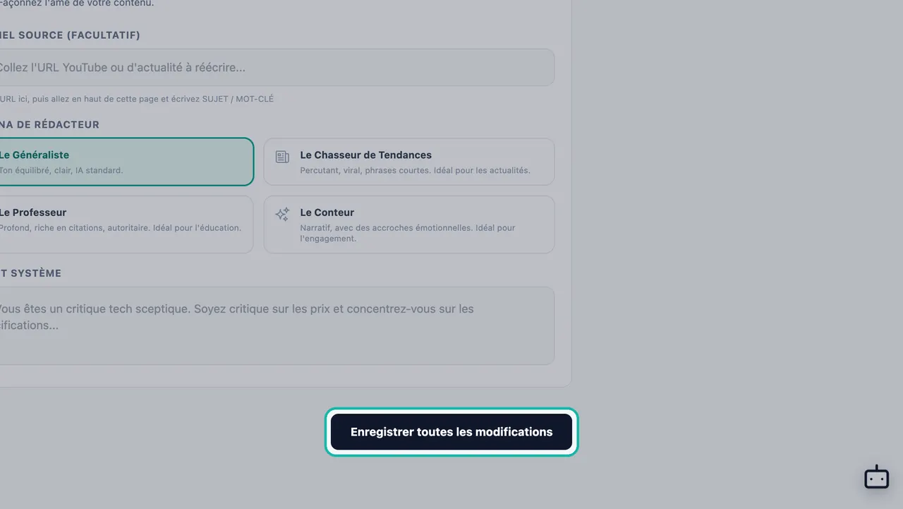 Bouton Enregistrer toutes les modifications en surbrillance sous le panneau Directeur Créatif