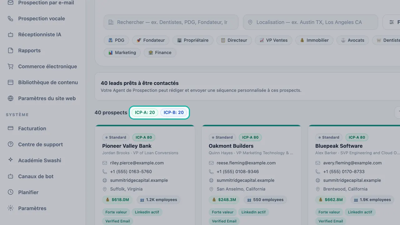 Compteurs de résultats ICP-A : 20 et ICP-B : 20 en surbrillance au-dessus des fiches de prospects