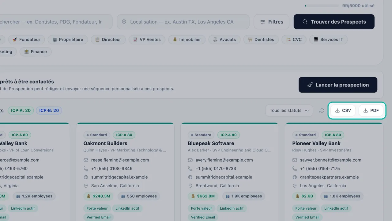 Boutons d'export CSV et PDF mis en évidence au-dessus des fiches de prospects dans la Génération de leads