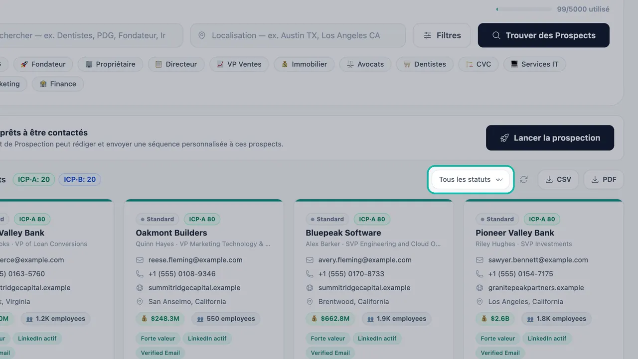 Menu Tous les statuts en surbrillance au-dessus des fiches de prospects dans la Génération de leads