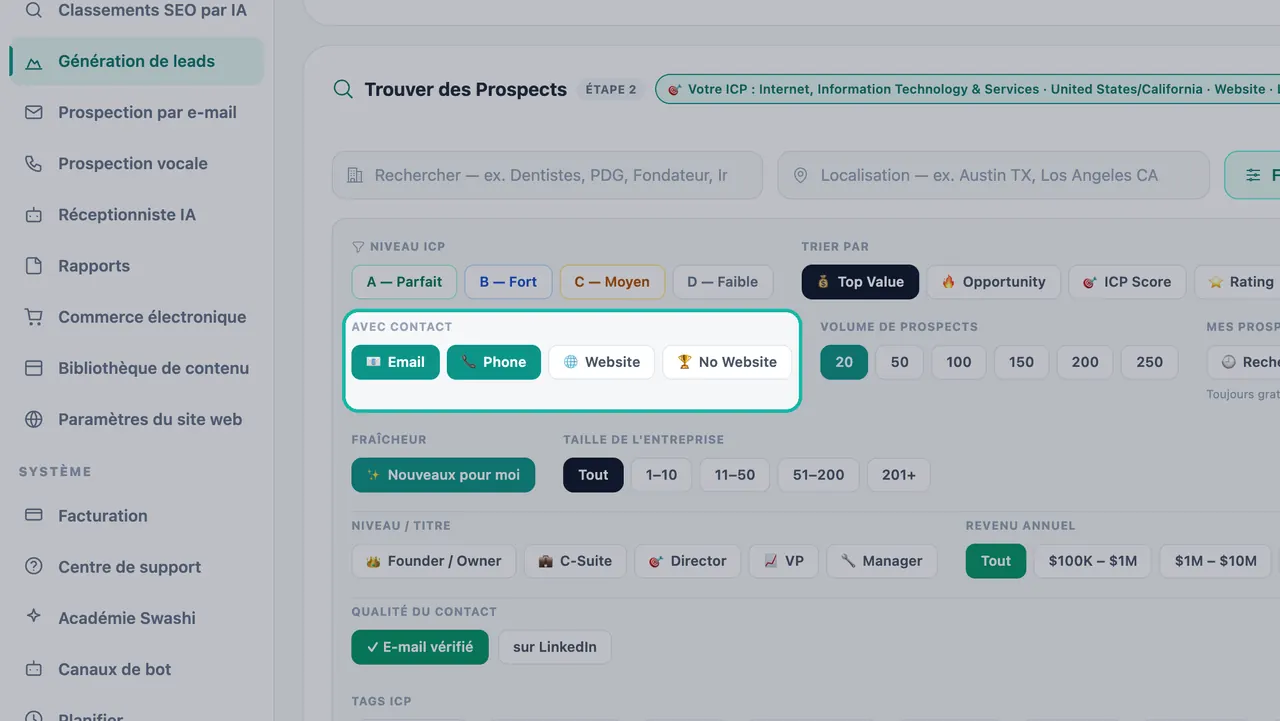 Filtre "A un contact" en surbrillance avec E-mail et Téléphone activés