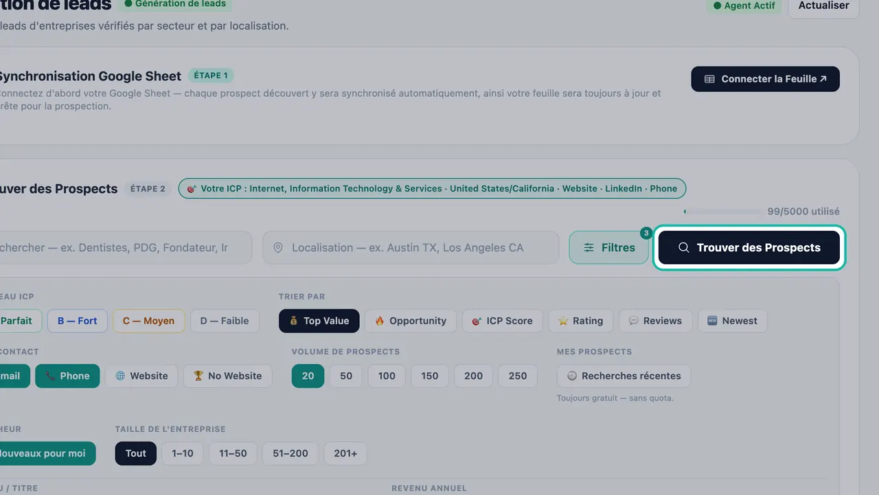 Bouton Trouver des Prospects en surbrillance à côté des champs de recherche et de localisation, avec la ligne Votre ICP et la barre de crédits 99/5000 utilisés